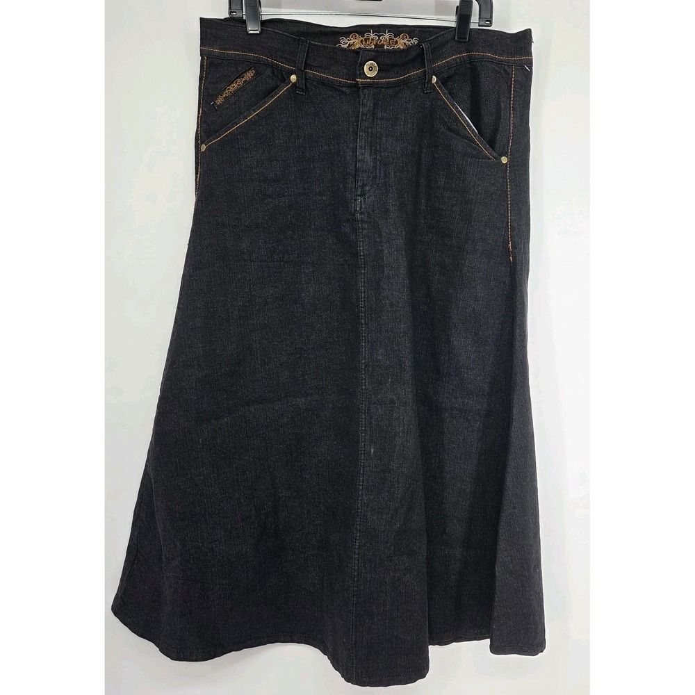 Vtg NoFuze Denim Maxi Skirt  14 Blue Embroidered Pockets Y2K